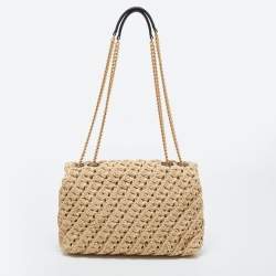 Pre Owned Tory Burch Beige Raffia Crochet Small Kira Shoulder Convertible Bag