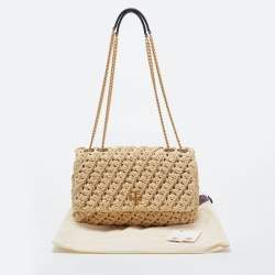 Pre Owned Tory Burch Beige Raffia Crochet Small Kira Shoulder Convertible Bag