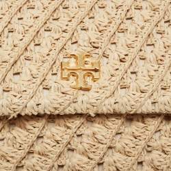 Pre Owned Tory Burch Beige Raffia Crochet Small Kira Shoulder Convertible Bag