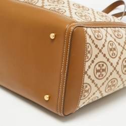 Pre Owned Tory Burch Beige T Monogram Jacquard Canvas and Leather Tote
