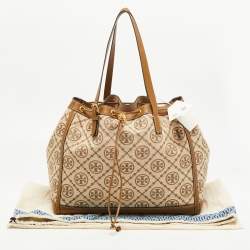 Pre Owned Tory Burch Beige T Monogram Jacquard Canvas and Leather Tote