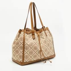 Pre Owned Tory Burch Beige T Monogram Jacquard Canvas and Leather Tote