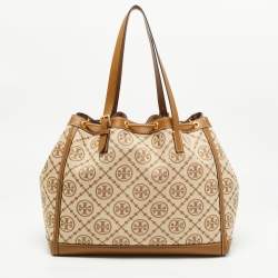 Pre Owned Tory Burch Beige T Monogram Jacquard Canvas and Leather Tote