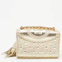 Tory Burch Gold Leather Mini Fleming Shoulder Bag