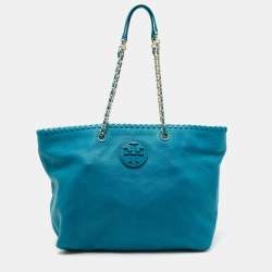 Pre Owned Tory Burch Green Leather Whipstitch Marion Tote