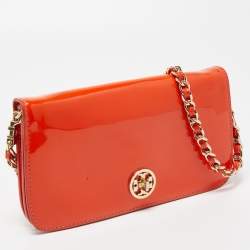 Pre Owned Tory Burch Orange Patent Leather Adalyn Crossbody Bag