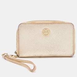 Tory Burch Gold Leather Zip Around Wristlet Wallet