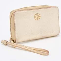 Tory Burch Gold Leather Zip Around Wristlet Wallet