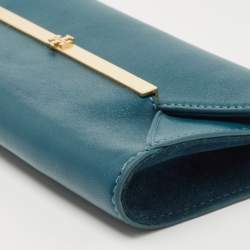 Pre Owned Tory Burch Teal Leather Envelope Flap Clutch