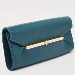 Pre Owned Tory Burch Teal Leather Envelope Flap Clutch