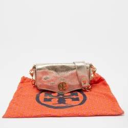 Pre Owned Tory Burch Gold Crinkled Leather Chain Crossbody Bag 