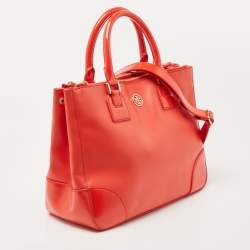 Pre Owned Tory Burch Orange Leather Robinson Double Zip Tote 