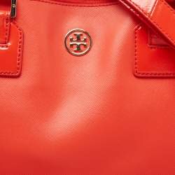 Pre Owned Tory Burch Orange Leather Robinson Double Zip Tote 