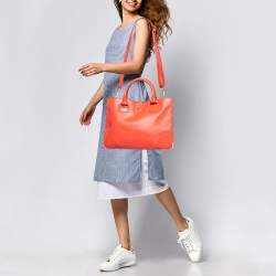 Pre Owned Tory Burch Orange Leather Robinson Double Zip Tote 