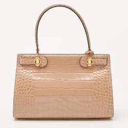 Tory Burch Beige Croc Embossed Leather Small Lee Radziwill Top Handle Bag