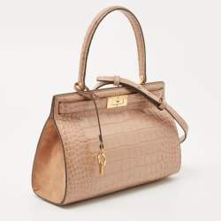 Tory Burch Beige Croc Embossed Leather Small Lee Radziwill Top Handle Bag