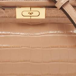 Tory Burch Beige Croc Embossed Leather Small Lee Radziwill Top Handle Bag