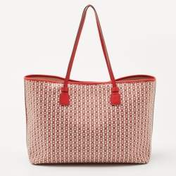 Pre Owned Tory Burch Red Coated Canvas Gemini Link Tote