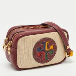 Pre Owned Tory Burch Burgundy/Beige Canvas and Leather Perry Colorblock Crossbody Bag