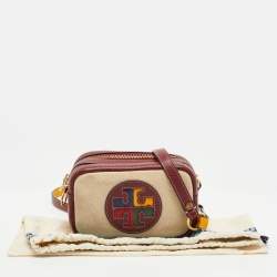 Pre Owned Tory Burch Burgundy/Beige Canvas and Leather Perry Colorblock Crossbody Bag