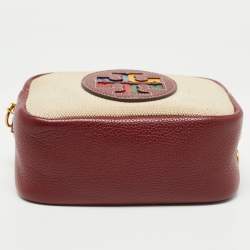 Pre Owned Tory Burch Burgundy/Beige Canvas and Leather Perry Colorblock Crossbody Bag