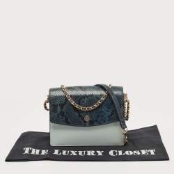 Pre Owned Tory Burch Blue/Green Snake Embossed and Leather Parker Chain Shoulder Bag