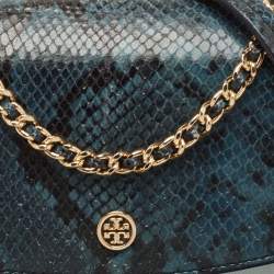 Pre Owned Tory Burch Blue/Green Snake Embossed and Leather Parker Chain Shoulder Bag