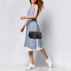 Pre Owned Tory Burch Black Leather Reva Logo Crossbody Bag