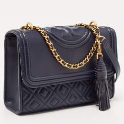 Pre Owned Tory Burch Navy Blue Leather Small Fleming Shoulder Bag