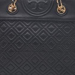 Pre Owned Tory Burch Black Quilted Leather Fleming Chain Tote