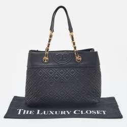 Pre Owned Tory Burch Black Quilted Leather Fleming Chain Tote