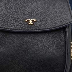 Pre Owned Tory Burch Black/Blue Leather and Suede Balloon Stripe Half Moon Crossbody Bag