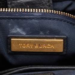 Pre Owned Tory Burch Black/Blue Leather and Suede Balloon Stripe Half Moon Crossbody Bag