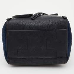 Pre Owned Tory Burch Black/Blue Leather and Suede Balloon Stripe Half Moon Crossbody Bag