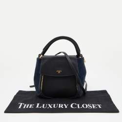 Pre Owned Tory Burch Black/Blue Leather and Suede Balloon Stripe Half Moon Crossbody Bag