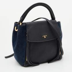 Pre Owned Tory Burch Black/Blue Leather and Suede Balloon Stripe Half Moon Crossbody Bag