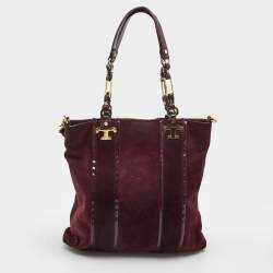 Pre Owned Tory Burch Burgundy Suede and Patent Leather Tote