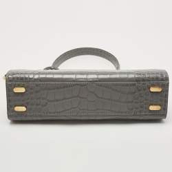 Pre Owned Tory Burch Grey Croc Embossed Leather Lee Radziwill Top Handle Bag