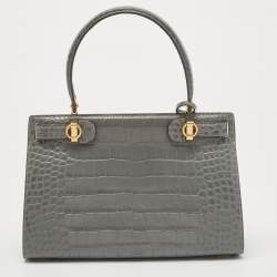 Pre Owned Tory Burch Grey Croc Embossed Leather Lee Radziwill Top Handle Bag