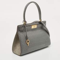 Pre Owned Tory Burch Grey Croc Embossed Leather Lee Radziwill Top Handle Bag