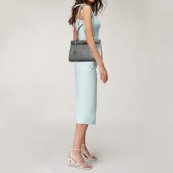 Pre Owned Tory Burch Grey Croc Embossed Leather Lee Radziwill Top Handle Bag