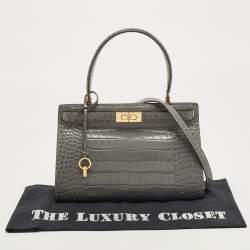 Pre Owned Tory Burch Grey Croc Embossed Leather Lee Radziwill Top Handle Bag