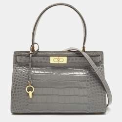 Pre Owned Tory Burch Grey Croc Embossed Leather Lee Radziwill Top Handle Bag