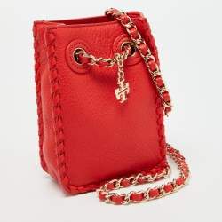 Pre Owned Tory Burch Red Leather Phone Case Crossbody Bag