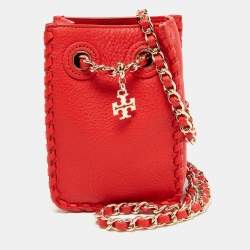 Pre Owned Tory Burch Red Leather Phone Case Crossbody Bag