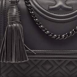 Pre Owned Tory Burch Black Matte Rubber PU Small Fleming Shoulder Bag