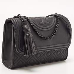 Pre Owned Tory Burch Black Matte Rubber PU Small Fleming Shoulder Bag