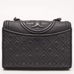 Pre Owned Tory Burch Black Matte Rubber PU Small Fleming Shoulder Bag