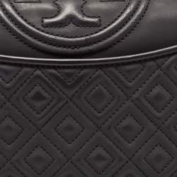 Pre Owned Tory Burch Black Matte Rubber PU Small Fleming Shoulder Bag