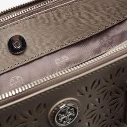 Pre Owned Tory Burch Grey Floral Laser Cut Leather Double Zip Robinson Tote